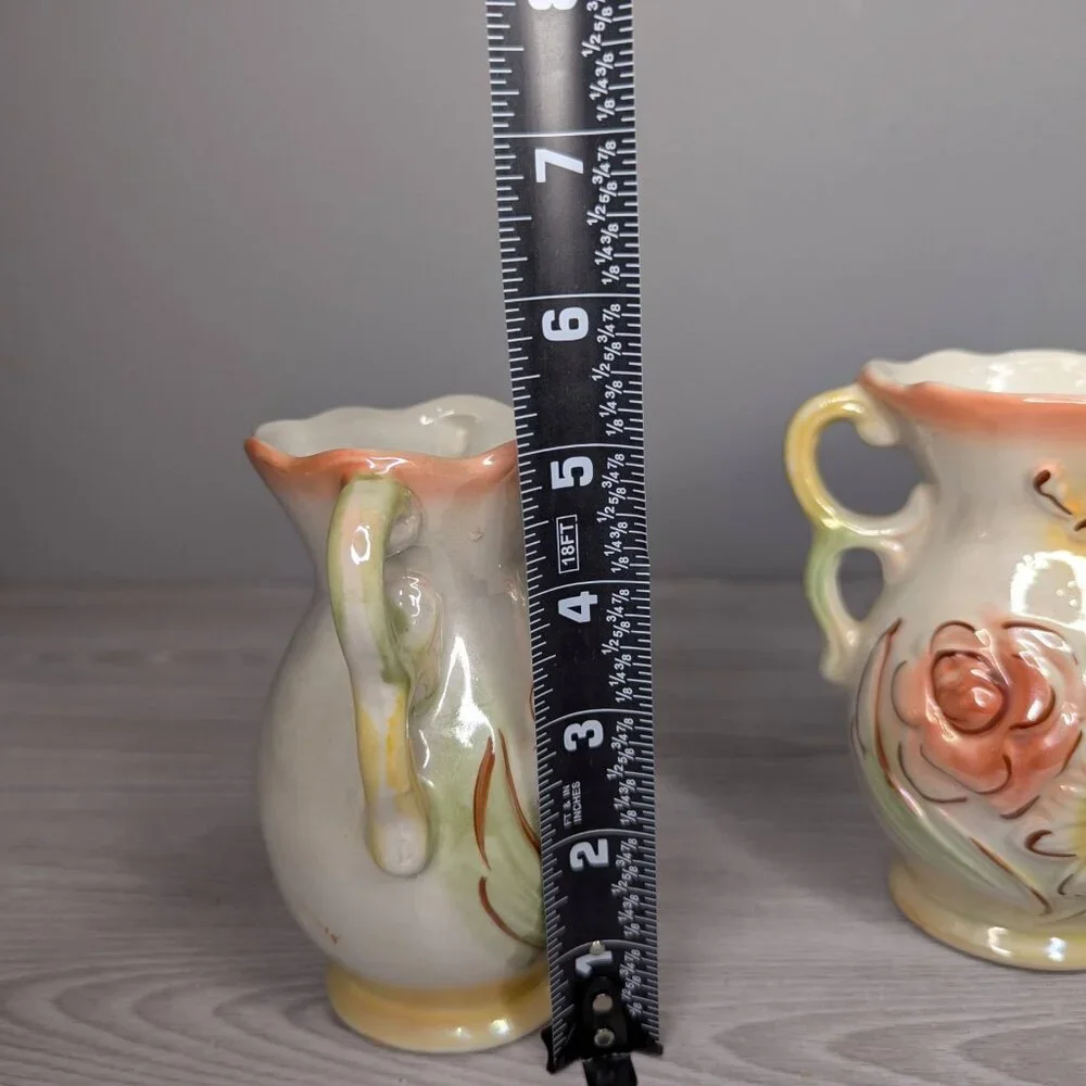 Vintage Ceramic Lusterware Floral Double Handle Vase Brazil Set of 2 5